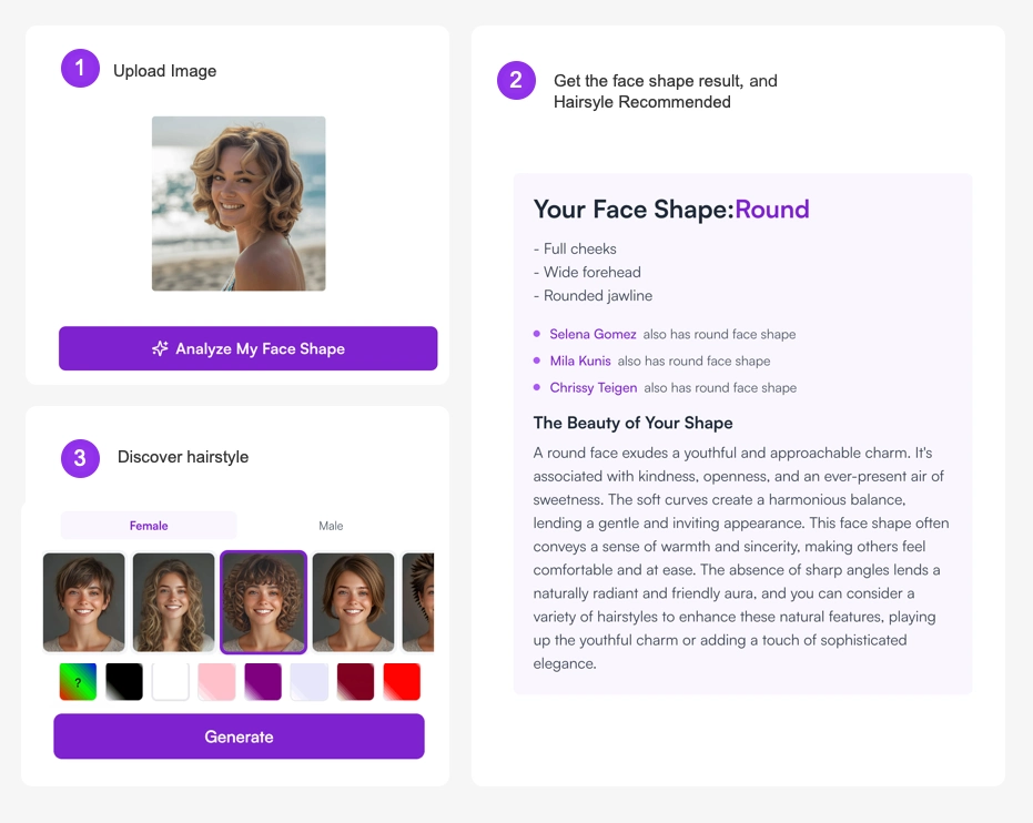 Step by step guide showing how to use AI face shape detector tool for hairstyle recommendations