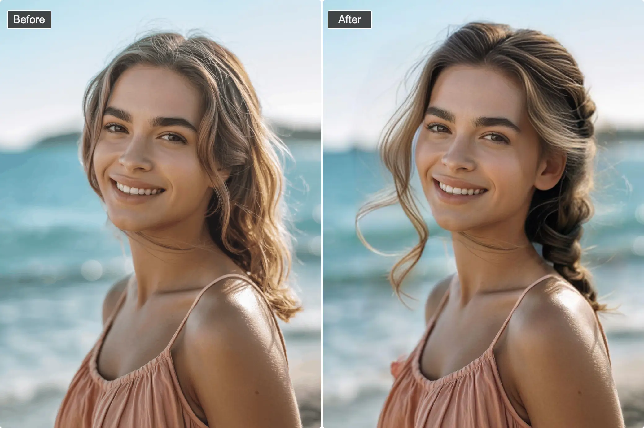 fishtail braid transformation - woman before and after with braids