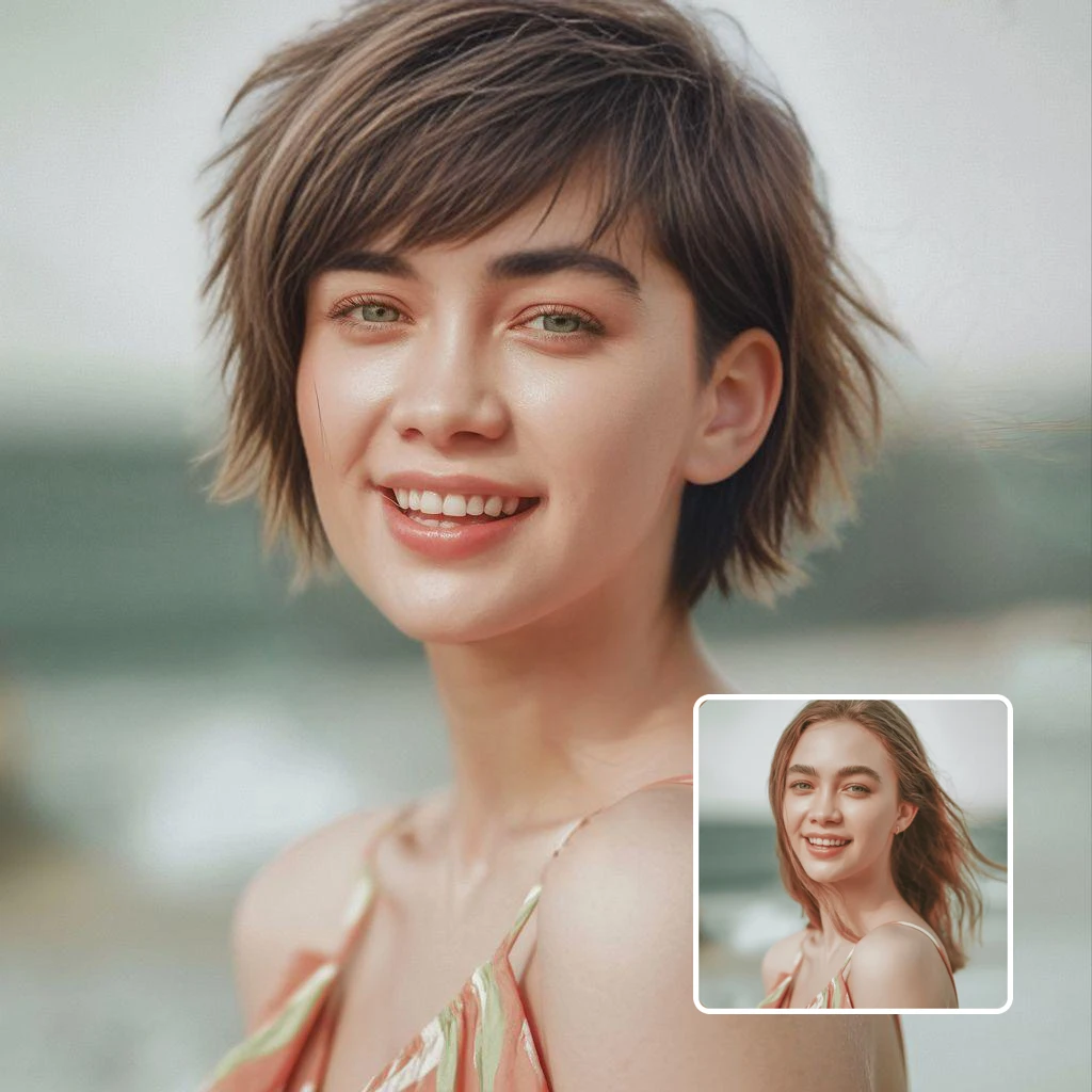 women's hairstyle transformation - person before and after with pixie cut
