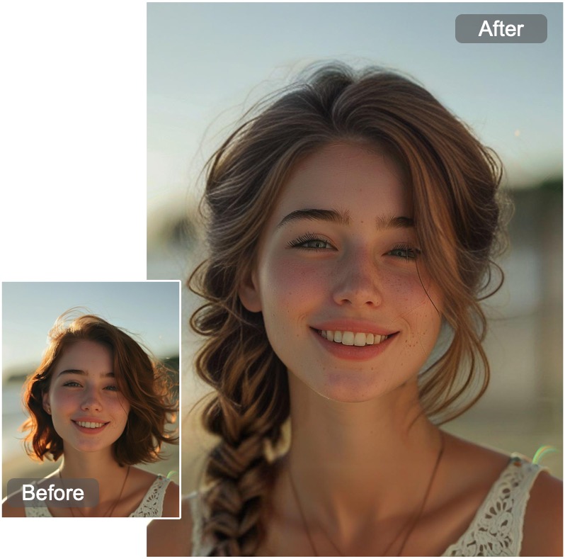 Before and after comparison of AI hairstyle transformation showing dramatic style change