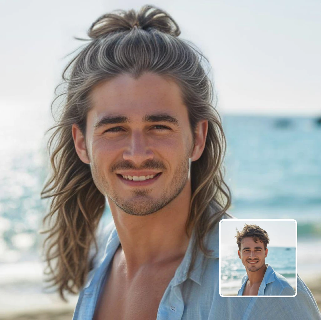 long hair transformation - man before and after with long ponytail