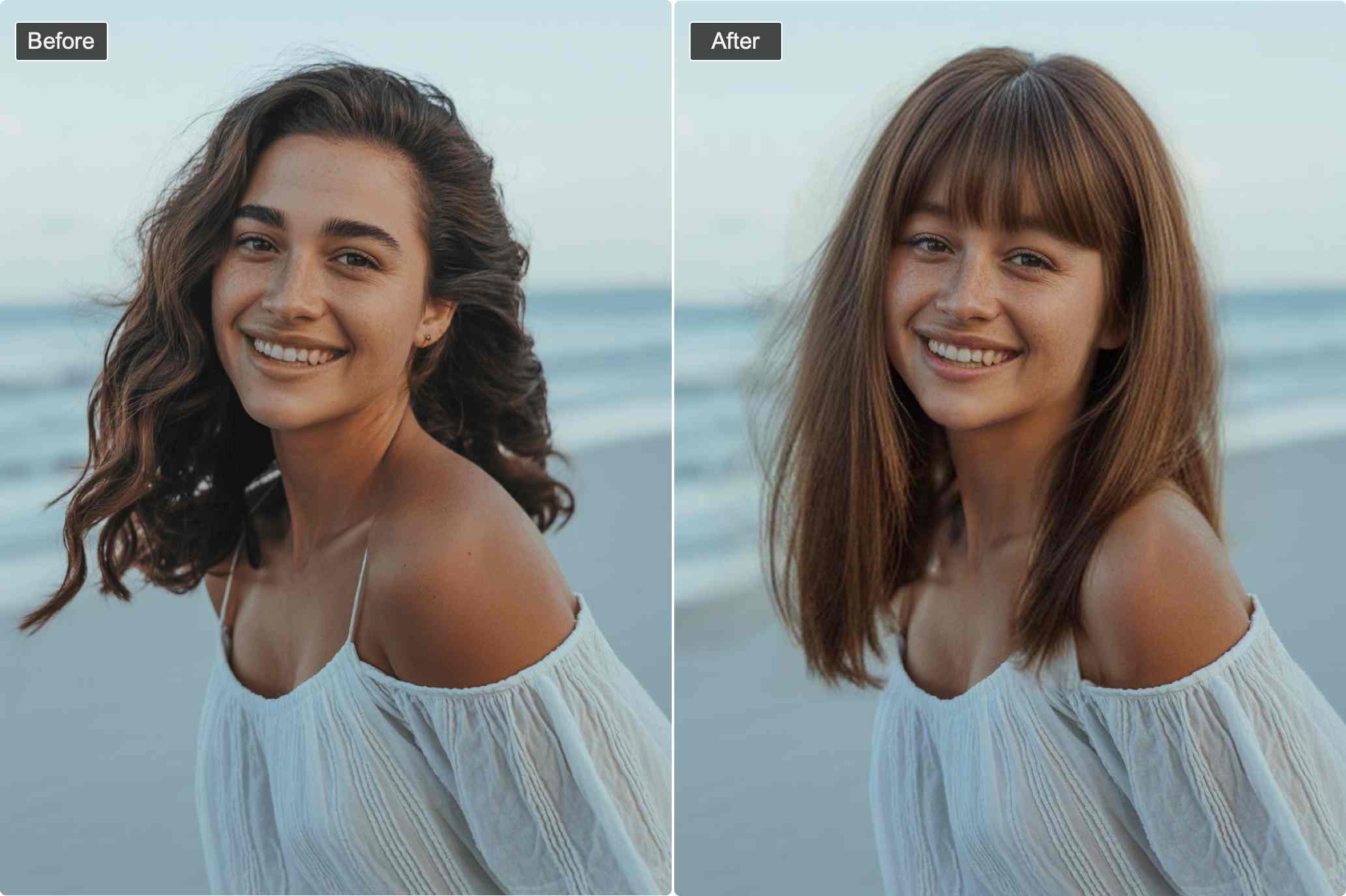 Bangs transformation preview - woman considering curtain bangs