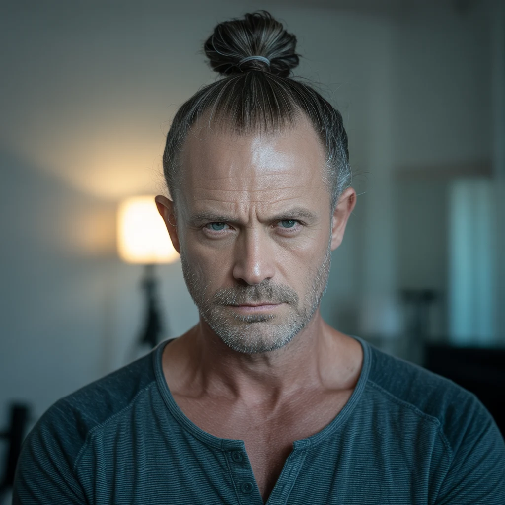 man bun english oldman - older English man with sophisticated man bun