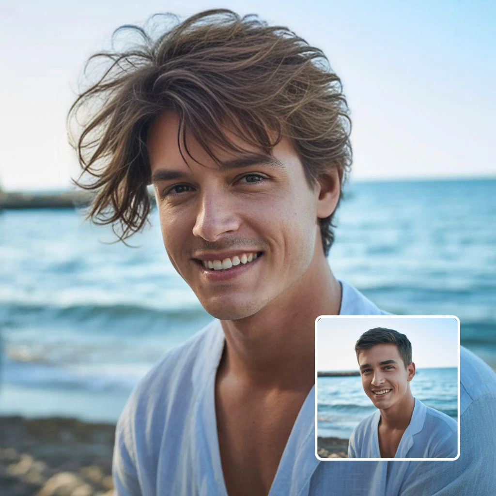 men's hairstyle transformation - man before and after with messy style