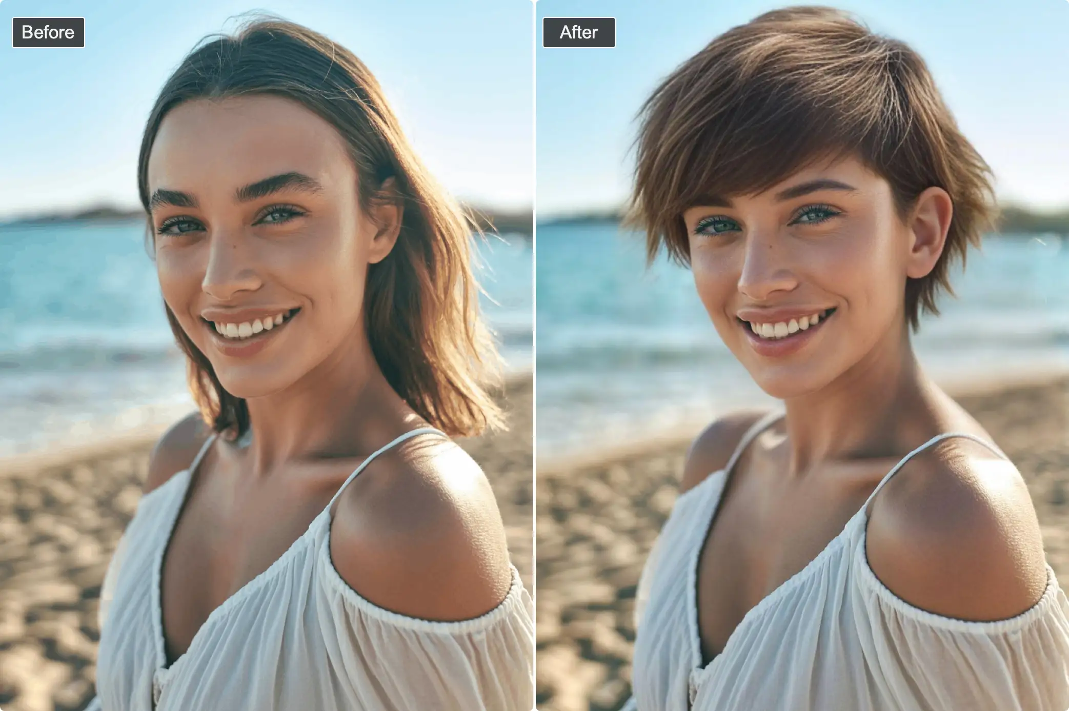 pixie cut transformation - woman before and after