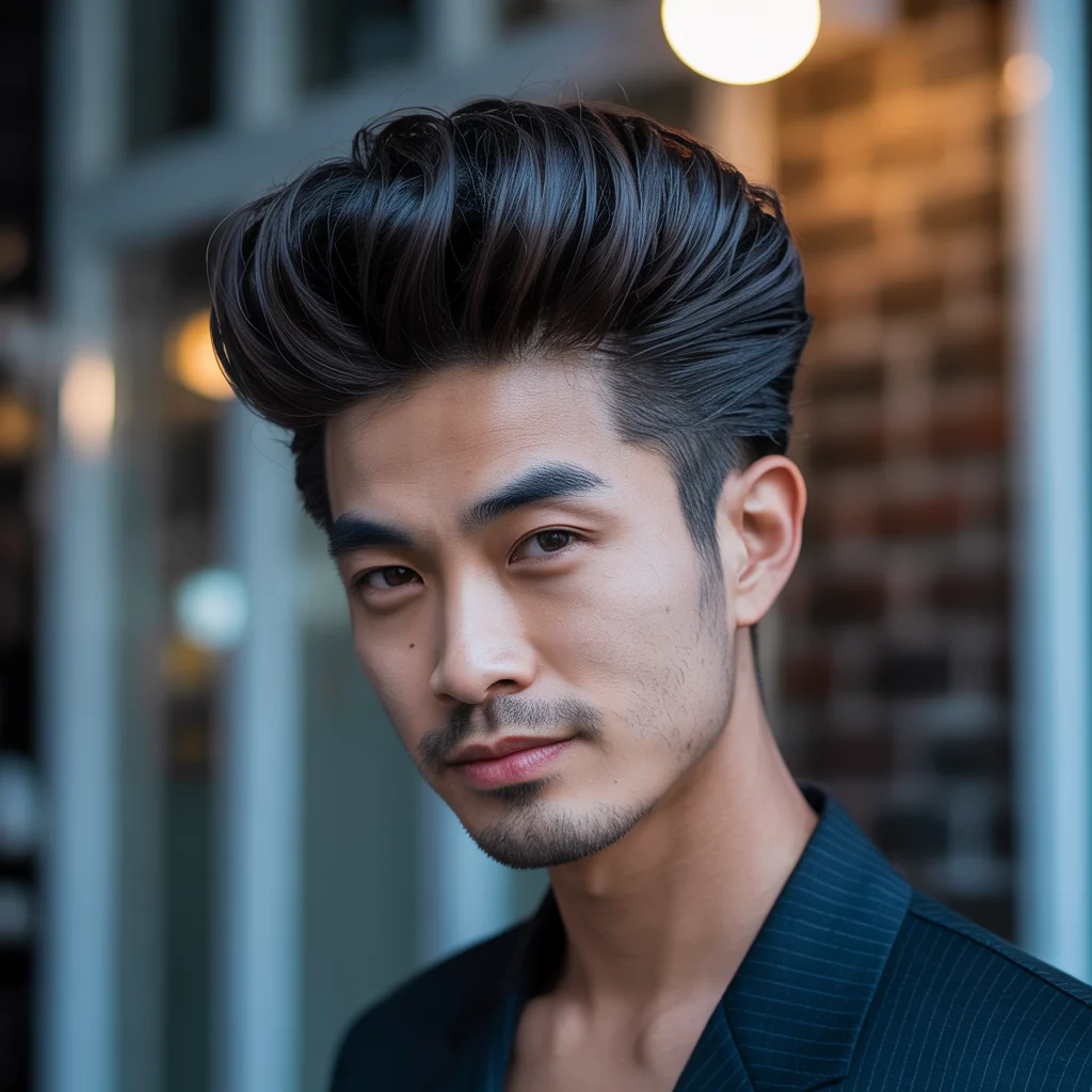 pompadour transformation - Japanese man with modern pompadour styling