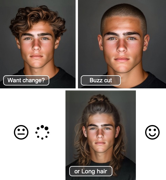 Multiple hairstyle options showcasing different looks on the same person using hairstyle AI technology
